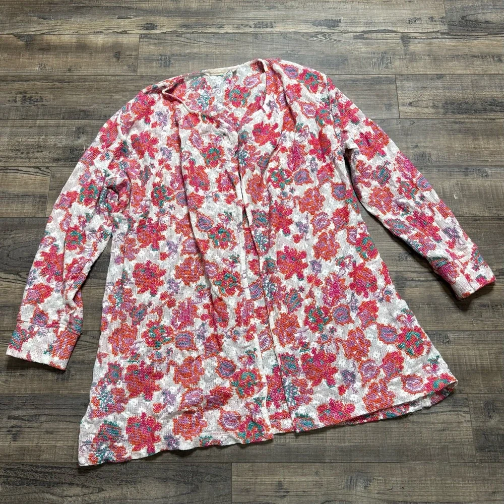 Soft Surroundings Pink Floral Open Knit Cardigan - Picture 1 of 6
